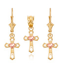 14k Two Tone  Gold Heart Cross Necklace and Earring Set(Available in Yellow/Rose/White Gold)