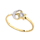 (Yellow/Rose/White) Gold Crescent Moon and Star CZ Ring