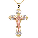 Tri-Color Yellow Gold INRI Crucifix Pendant Necklace (X-Large)