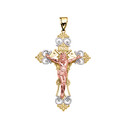 Tri-Color Yellow Gold INRI Crucifix Pendant Necklace (Medium)