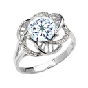 White Gold CZ Aquamarine Solitaire Modern Flower Ladies Ring