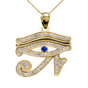 Yellow Gold Diamond Studded Egyptian Eye of Horus Wadjet Blue Sapphire Pendant Necklace