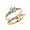 Yellow Gold Dainty Diamond Wedding Ring Set With 1 Carat White Topaz Center Stone
