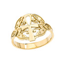 Yellow Gold Egyptian Ankh Cross with Eye of Horus Ring