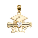 Yellow Gold Heart April Birthstone White CZ Class of 2017 Graduation Pendant Necklace