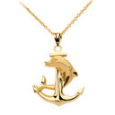 High Polished Gold Textured Dolphin Anchor Pendant Necklace (Available in Yellow/Rose/White Gold)