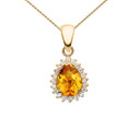 Diamond And Checkerboard Citrine Yellow Gold Elegant Pendant Necklace