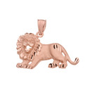 Satin Finish Diamond Cut Rose Gold Roaring Lion Charm Pendant Necklace