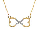 Diamond Double Heart Infinity Rope Yellow Gold Necklace