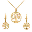 14K Gold Polished Tree of Life Openwork Necklace Earring Set