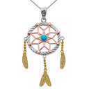 Tri Color Gold And Turquoise Flower Dream Catcher Pendant Necklace