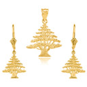 14K Gold Lebanese Cedar Tree  Necklace Earring Set(Available in Yellow/Rose/White Gold