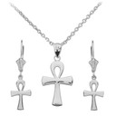 14K Gold Egyptian Ankh Polished Necklace Earring Set(Available in Yellow/Rose/White Gold)