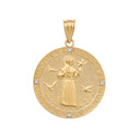 Yellow Gold St. Francis of Assisi Circle Medallion Diamond Pendant Necklace (Medium)