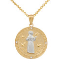 Two Tone Yellow Gold St. Francis of Assisi Circle Medallion Diamond Pendant Necklace (Medium)