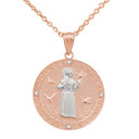 Two Tone Rose Gold St. Francis of Assisi Circle Medallion Diamond Pendant Necklace (Medium)