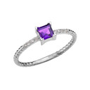 Dainty White Gold Solitaire Princess Cut Amethyst and Diamond Rope Design Engagement/Promise Ring