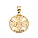 Gold Trinity Knot Celtic Cross In A Round Rope Frame Pendant