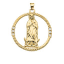 The Blessed Virgin Mary Cubic Zirconia Gold Round Design Pendant Necklace (Available in Yellow/Rose/White Gold)