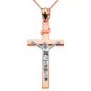 Two Tone Rose Gold and White Gold Jesus Crucifix Cross Pendant Necklace ( 1.60")