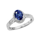 White Gold Art Deco Halo Diamond With Sapphire(LCS) Engagement/Proposal Ring