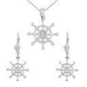 14K Gold Nautical Ship Wheel Pendant Necklace Earring Set(Available in Yellow/Rose/White Gold)