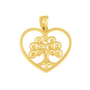 Yellow Gold Tree of Life Open Heart Filigree Pendant Necklace