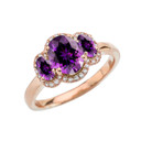 Three-Stone February Birthstone with Diamond Halo Engagement Ring in Rose Gold