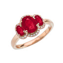 Three-Stone Red CZ with Diamond Halo Engagement Ring in Rose Gold