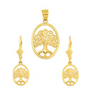 14K Yellow Gold Tree of Life Filigree Swirl Celtic Pendant Necklace Earring Set