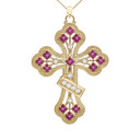 Yellow Gold Fancy Cross Diamond Pendant Necklace With Gemstone