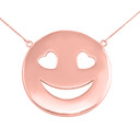 14K Solid Rose Gold Smiley Face Heart Eyes Sideways Pendant Necklace