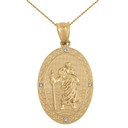 Solid Yellow Gold Saint Christopher Medallion Diamond Pendant Necklace ( 1.12")