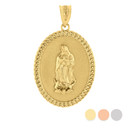 Solid Gold Cuban Link Framed  Virgen de Guadalupe Oval Medallion Pendant Necklace  (1.29")