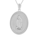 Sterling Silver Cuban Link Framed  Virgen de Guadalupe Oval Medallion Pendant Necklace  (1.29")