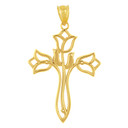 Solid Yellow Gold Floral Tulip Cross Filigree Pendant Necklace