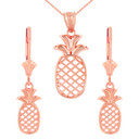 14K Solid Rose Gold Pineapple Pendant Earring Set