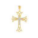 Two Tone Solid Yellow & White Gold Layered Cutout Cross Pendant Necklace  ( 1.27")