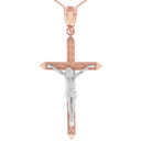 Two Tone Solid Rose Gold Passion Cross Crucifix Pendant Necklace 1.63"( 41 mm)