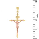 Two Tone Solid Rose and Yellow Gold INRI Christ Passion Cross Crucifix Pendant Necklace 1.7" (43 mm)
