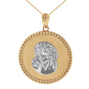 Two Tone Solid Yellow Gold  Cuban Curb Link Frame Circle Jesus Christ Medallion Pendant Necklace