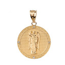 Solid Yellow Gold Archangel Saint Gabriel Diamond Medallion Pendant Necklace   1.15" ( 29 mm)