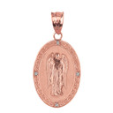 Solid Rose Gold Archangel Saint Gabriel Diamond Oval Medallion Pendant Necklace 1.19" (  30 mm)