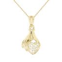 Yellow Gold Hand Holding Heart Diamond Pendant Necklace