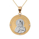Two Tone Solid Yellow Gold Greek Orthodox Saint Nectarios of Aegina Engravable Diamond Medallion Pendant Necklace  1.16 " (29 mm)
