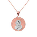 Two Tone Solid Rose Gold Greek Orthodox Saint Nectarios of Aegina Engravable Diamond Medallion Pendant Necklace  1.01" (25 mm)