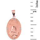 Solid Rose Gold Greek Orthodox Saint Nectarios of Aegina Engravable Diamond Medallion Oval Pendant Necklace  1.00" (25 mm)