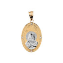 Two Tone Solid Yellow Gold Greek Orthodox Saint Nectarios of Aegina Engravable Diamond Medallion Oval Pendant Necklace  1.00" (25 mm)