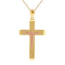 Two Tone Solid Yellow and Rose Gold Layered Cross Jesus Christ Silhouette Pendant Necklace  1.78"  (45  mm)