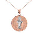 Two Tone Solid Rose Gold Saint Benito Engravable Diamond Medallion Pendant Necklace  1.03" ( 26 mm)